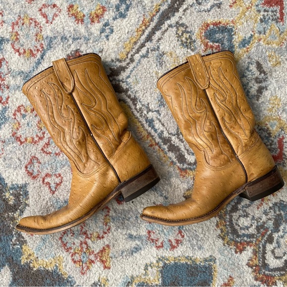 Vintage ACME Ostrich Grain Tan Leather Cowboy Boots, Size 6 - Picture 3 of 8